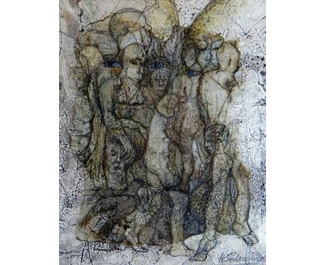 ANNIE GILES HOBBS layered paper and mixed media - semi-abstract with figures, signed, 28 x 23cms