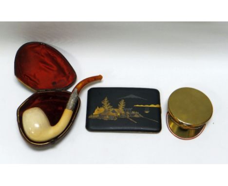 THREE SMOKING ANTIQUES being a Japanese gold inlaid metallic cigarette case, a brass trench-art tobacco or snuff box and a ca
