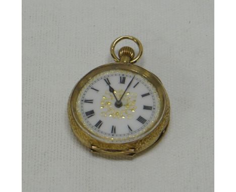 A LADIES 18CT YELLOW GOLD ANTIQUE FOB-WATCH having a floral chased case and with white enamel dial bearing Roman numerals (wo