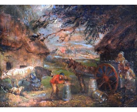 JAMES WARD oil on panel, a pair - village scenes with figures and animals, in gilt frames with artist's name to slip, 8.5 x 1