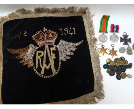 A 1941 RAF EGYPT CAMPAIGN EMBROIDERY, A QUANTITY OF MILITARY BUTTONS AND A BOXED MEDAL GROUP TO HJ O'GRADY comprising 1939-19