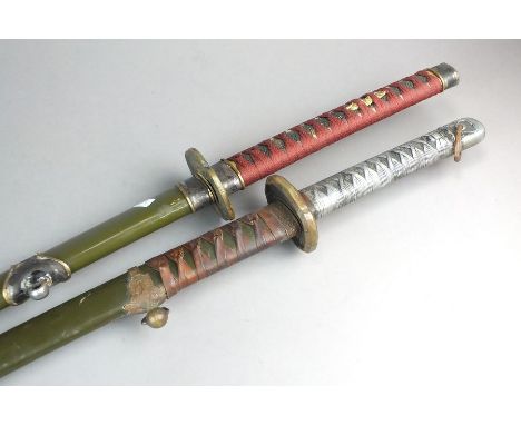 A WWII Japanese NCO katana with silvered hilt and a 76cm blade, contained within a green painted scabbard, together with a re