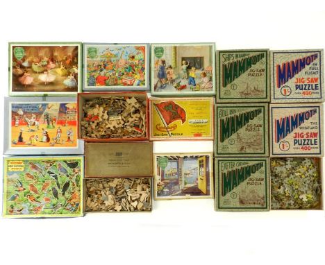 13x vintage jigsaws; 8x wood, 5x card. Pre 1943 Cunard RMS Aquitainia Cutaway wooden jigsaw, 1920s Tudor galleon by Holt Zapf