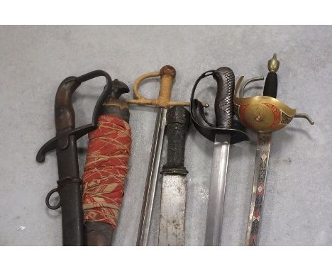 Four 19th/20th century swords, one with scabbard, for restoration and repairs, together with two stage/decorative swords (6)