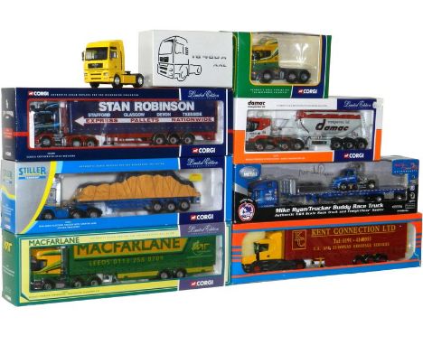 Corgi Modern Trucks: CC12205 Stan Robinson Scania curtain-side, 76801 Stiller Man sheeted load flatbed, 75602 MacFarlane Rena