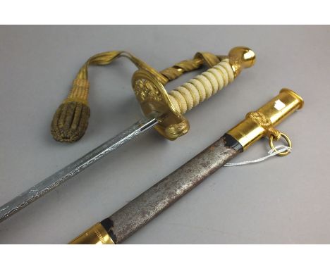 An American Officers' Naval sword and scabbard, circa 1945-52, with wirebound pale shagreen grip, pierced guard, the Japanese