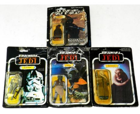 Star Wars vintage carded figures: Jawa (French Moccano pack), Return of The Jedi: AT-AT driver, Bib Fortuna and Klaatu (scruf