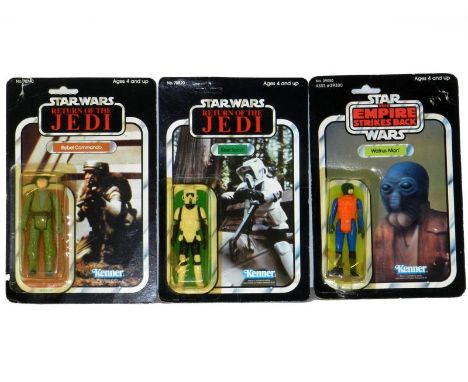 Star Wars Return of The Jedi Vintage Figures: Rebel Commando (2cm tear to card), Biker Scout (original condition) with 77 fig