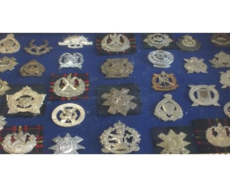 Thirty two army badges contained within glazed wooden frame