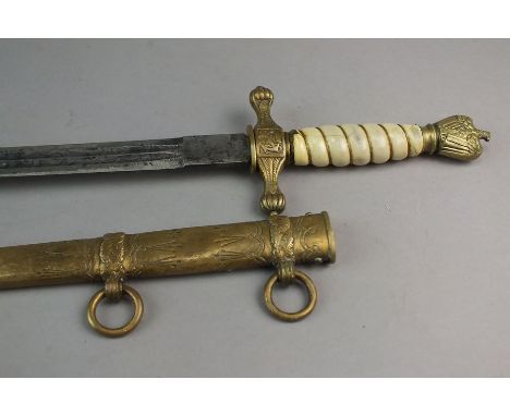 A WII German Naval dress dagger, de-Nazified, with scabbard, engraved blade 25cm, overall length 38cm (hilt badly a.f)