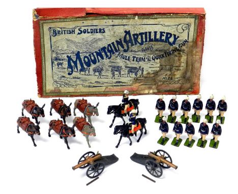 Britains set 28 Mountain Artillery Set (1920 version). Contains one complete set: 4x mules, 2x demountable cannons with shell