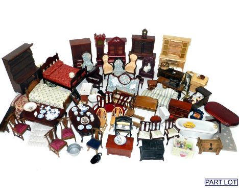 3 Boxes of Dolls House Furniture and modern lighting transformer. Beds, sofas, chairs, tables, dressers, clocks, china and ba
