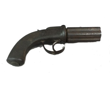 An early 19th century 120 bore six-shot pepperbox revolver, with bar hammer and an engraved boxlock action, top flat of barre