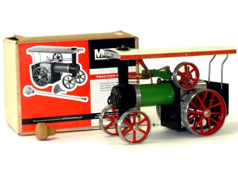 Mamod TE1 live steam Traction Engine, in early Brierly Hill 1960s packaging. No drive band, with steering rod and meths burne