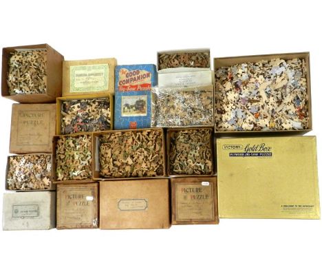 10x Vintage Jigsaws, 9x wooden, 1x card. 4x early 20th century hand-cut jigsaws in original boxes - "Will there be any left",