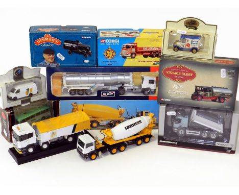 Diecast commercial vehicles mixed group: Conrad Liebherr HTM 1204 articulated cement truck, 25cm. Tekno EC ERF articulated ta