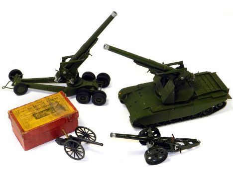 Britains: 1958 155mm gun on centurion tank chassis, item no.2175, 29cm overall length, matt green finish. 1953 155mm American