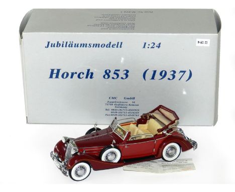 CMC Horch 853 (1937) 5 litre, 8 cylinder Cabriolet, 22cm, 1/24 scale. Two-tone burgundy/dark salmon with soft touch beige sea