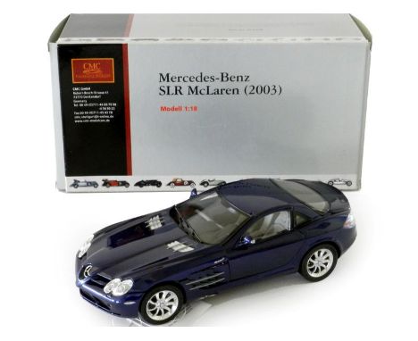 CMC Mercedes Benz SLR McLaren 2003 in metallic blue with grey leather interior, 1/18 scale, 26cm long. Super detailed model m