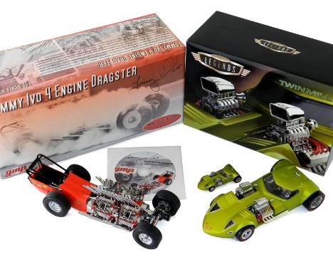 GMP Tommy Ivo 4-Engine Dragster "Showboat" and DVD 1/18 1800809, Mattel Hot Wheels Legends 1/24 and 1/64 Twin Mill 1969 Conce