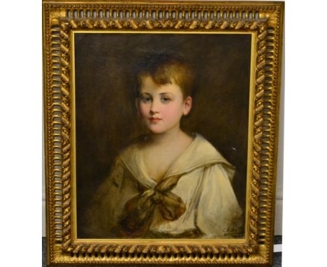 C E Hall (early 20th century)   Portrait of a young boy wearing a loose white shirt tied with a bow Signed and dated 1905, oi