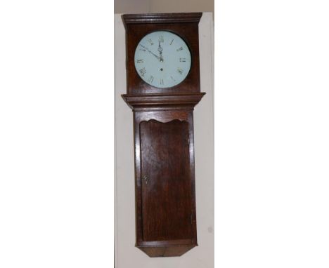 An Oak Drop Dial Tavern Wall Timepiece, early 19th century, flat top pediment, wavy shaped trunk door, 13-inch circular paint