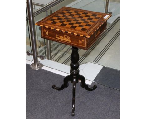 An Early 19th Century Rosewood and Marquetry Decorated Chess Top Tripod Table, the hinged lid raised on a baluster turned sup