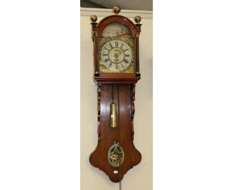 A Dutch Staartklok Alarm Striking Wall Clock, 19th century, arched pediment with with three brass finials, side windows, pend