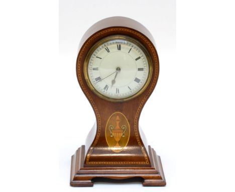 An Edwardian Balloon Shaped Inlaid Mantel Timepiece, front with barber pole inlaid borders and a central inlaid urn, enamel d