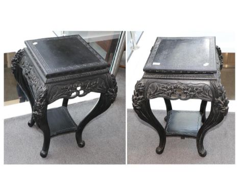 A Pair of Early 20th Century Ebonised Oriental Plant Stands, of square form, raised on acanthus decorated cabriole legs joine