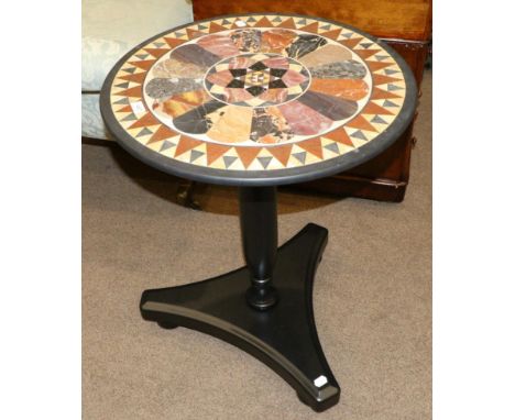 A Pietra Dura Marble Specimen Circular Tripod Table, with geometric border and central panel in the form of a flowerhead, rai