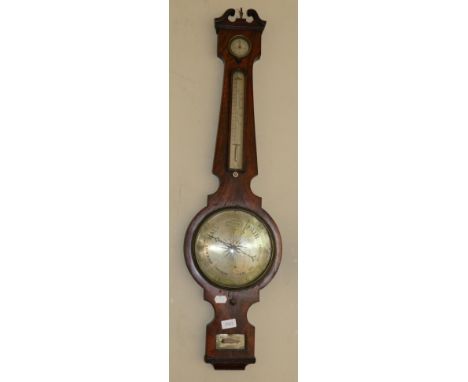 A Mahogany Wheel Barometer, circa 1850, swan neck pediment, hygrometer, thermometer box, 8-inch silvered dial, spirit level e