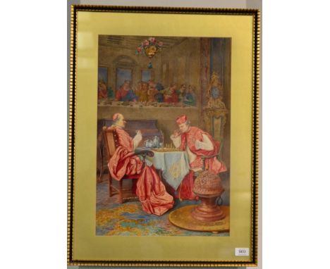 Umberto Cacciarelli (1880-1910) Italian Cardinals playing a game of chess in an interior  Signed, watercolour, 54cm by 36cm 