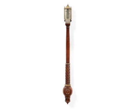 An 18th Century Style Mahogany Stick Barometer, concealed mercury tube, gilt metal pediment with scroll engraving, twin verni