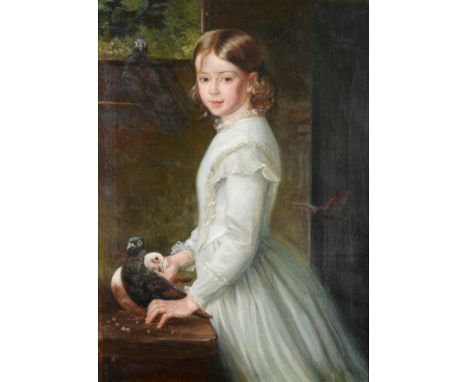 Circle of Mary Lemon Waller (1850-1931)  Portrait of a young girl, three-quarter length, standing in a dove loft, wearing a w