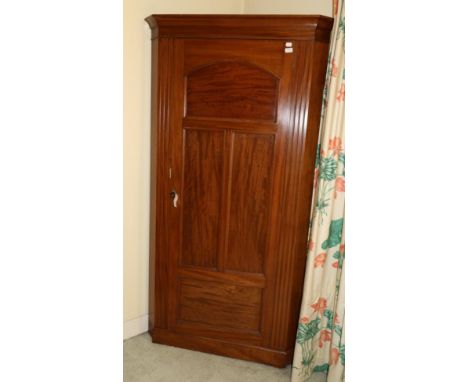 An Early 20th Century Mahogany Corner Wardrobe, with arched cupboard door and three moulded panels below enclosing a shelf an