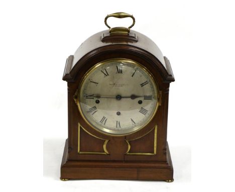 A Mahogany Chiming Table Clock, retailed by Manoah Rhodes & Sons Ltd, Bradford, early 20th century, arched pediment with carr