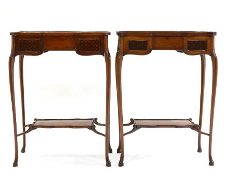 A Pair of Edwardian Carved Mahogany Bijouterie Tables, early 20th century, with hinged lids enclosing velvet lined interiors,