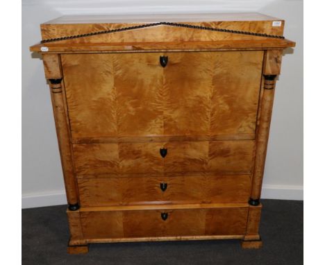 A 19th Century Satin Birch and Ebonised Biedermeier Style Secretaire à Abattant, the architectural pediment above a fall fron