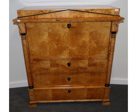 A 19th Century Satin Birch and Ebonised Biedermeier Style Secretaire à Abattant, the architectural pediment above a fall fron