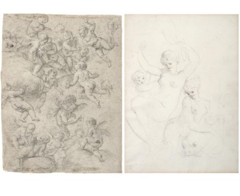 Follower of Annibale Carracci (1560-1609) Italian  Angels and putti ascending to heaven  Black chalk on buff paper, together 