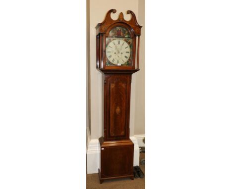 A Scottish Mahogany Eight Day Longcase Clock, signed Thos Low, Dundee, circa 1820, swan neck pediment, inlaid stringing and i