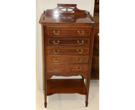 A Late Victorian Mahogany and Satinwood Banded Music Cabinet, late 19th century, with a three-quarter gallery above five fall