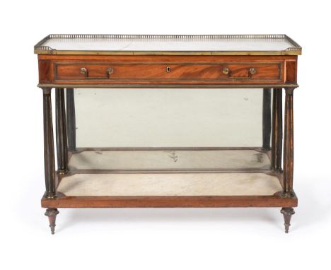 A Louis XVI Style Mahogany Console-Desserte, late 19th century, the grey and white marble top with pierced brass gallery abov
