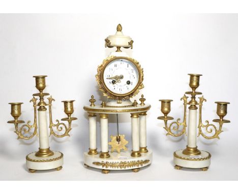 A White Marble Portico Striking Mantel Clock with Garniture, 20th century, gilt metal mounts, enamel dial with floral swag de