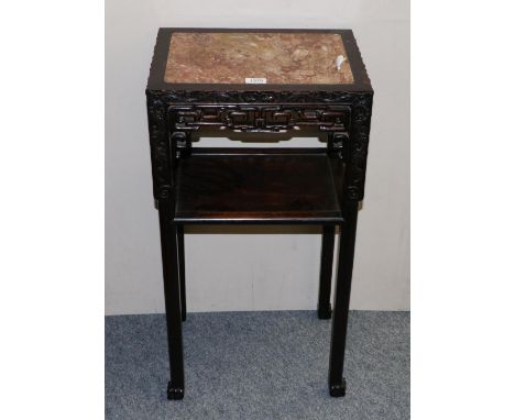 A Chinese Huanghuali Marble Top Two-Tier Side Table, 19th century, the decorative pierced frieze above a shelf, on square for