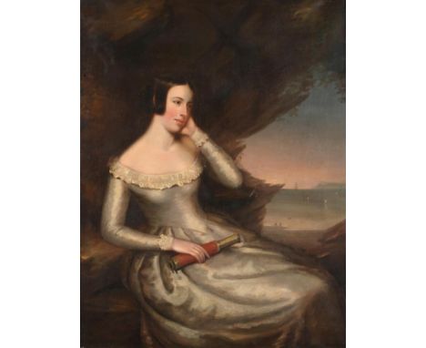 British School (19th century) Portrait of an elegant lady, three-quarter length seated, wearing a white satin dress trimmed w