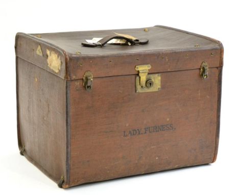 A Late Victorian Brass Studded Travel Trunk, stamped LADY FURNESS, with hinged lid and leather carrying handle, the brass lab