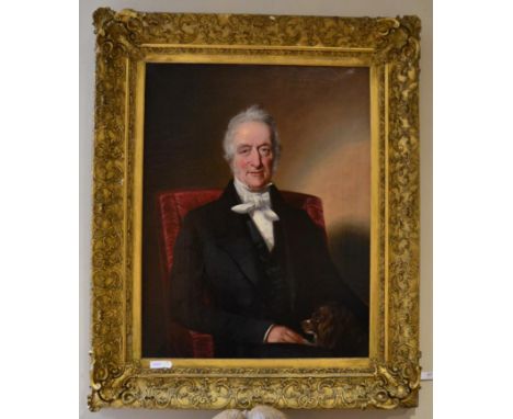 Follower of Sir T Lawrence (19th century)  Portrait of a gentleman, half length, seated in a chair, wearing a black suit, whi