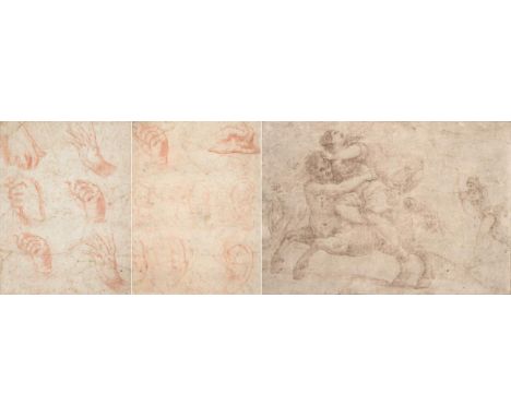 Follower of Annibale Carracci (1560-1609)  Studies of hands and ears (recto and verso)  Red conte crayon, together with a fur